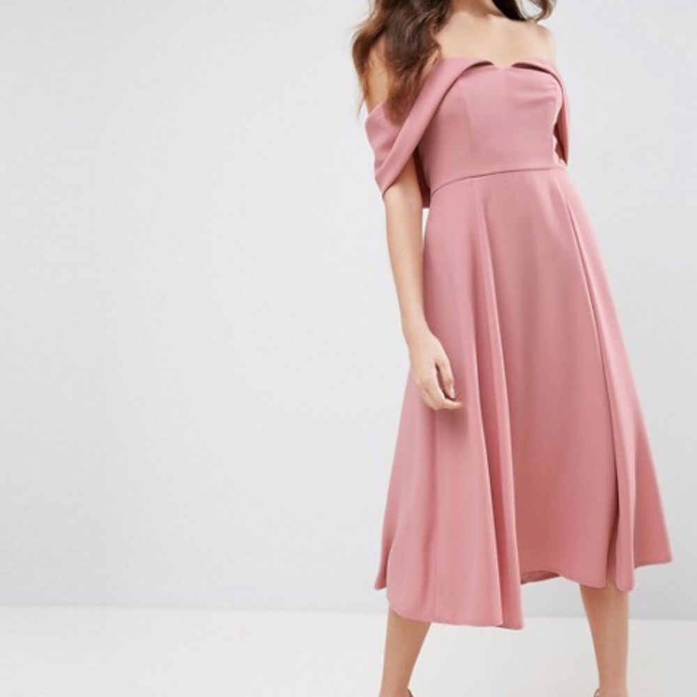 ASOS off the shoulder midi blush dress